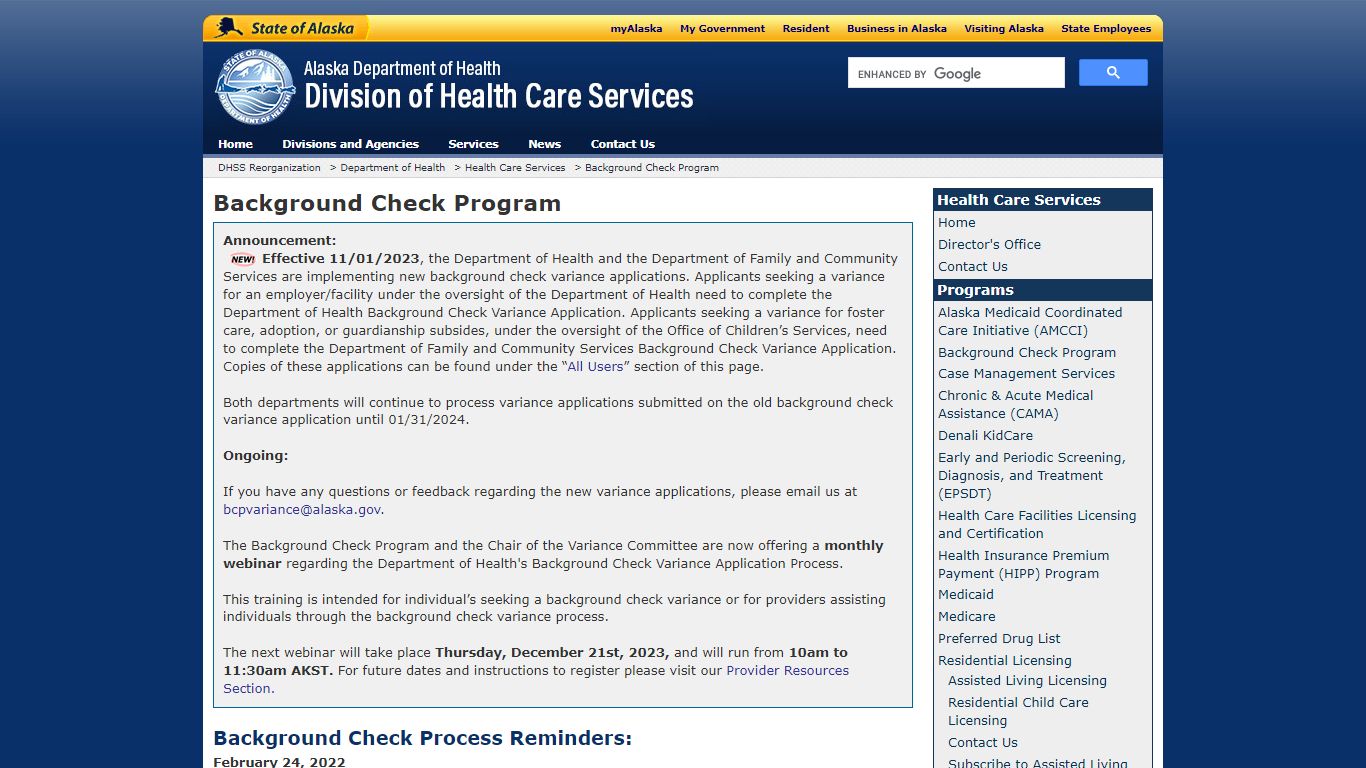 Background Check Program - Alaska Department of Health and Social Services